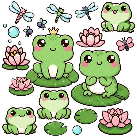 Kawaii Frog Drawing, Cute Frog Cartoon, Kawaii Frogs, Frog Printable, Cartoon Frogs, Frog Party Ideas, Frog Birthday Party, Cricut Print And Cut, Frog Theme