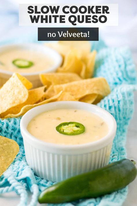 Slow Cooker Queso Blanco (aka white queso dip) is made with just four ingredients and no Velveeta! Restaurant quality made in just minutes in the crockpot. | www.persnicketyplates.com Queso Recipe Easy, Homemade Queso Recipe, Cheesy Queso Dip, Queso Dip Crockpot, Slow Cooker Queso, Crock Pot Queso, Mac And Cheese Recipe Soul Food, Dip Recipes Crockpot, White Cheese Dip