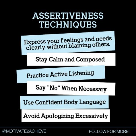 Master the Art of Assertiveness!💡

Speaking up for yourself doesn’t have to be confrontational. With these assertiveness techniques, you can express your needs with confidence and clarity while maintaining respect for others. 💬✨  

#Assertiveness #PersonalGrowth #Motivate2Achieve #EmpowerAchieveGrow #ConfidenceBoost #HealthyBoundaries Speaking Up For Yourself, Respect For Others, Confident Body Language, Blaming Others, Healthy Boundaries, Respect Others, Be Confident, Active Listening, Confidence Boost