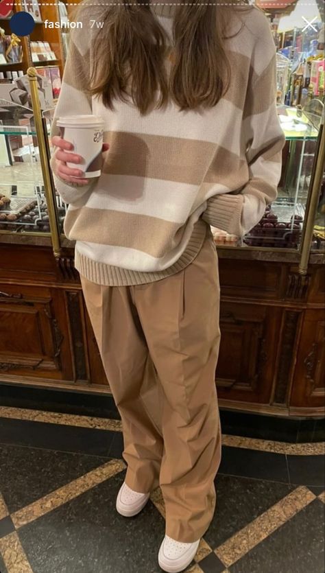 Tan And White Striped Sweater Outfit, Beige Striped Sweater Outfit, Brianna Sweater Outfit, Brianna Sweater Brandy Outfit, Brandy Sweater Outfit, College Shirt Outfit, Beige Sweater Outfit, Beige Sweaters, Brianna Sweater