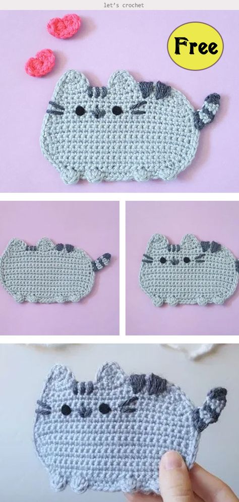 Fat Cat Coasters Crochet Free Pattern, Crochet Cat Cushion Free Pattern, Crocheted Cat Applique, Crochet Cat Face Applique Free Pattern, Flat Crochet Patterns Free, Knit Appliques Free Pattern, Crochet Cat Apliques, Crochet Apliques Animals Free Pattern, Cat Granny Square Crochet Free Pattern