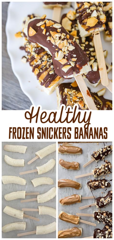 Healthy Frozen Snickers Bananas Banana Snickers, Bananas Recipe, Chocolate Covered Bananas Frozen, Frozen Snacks, Banana Treats, Vegan Snack Recipes, Chocolate Banana Muffins, Kid Snacks, Easy Vegan Dessert