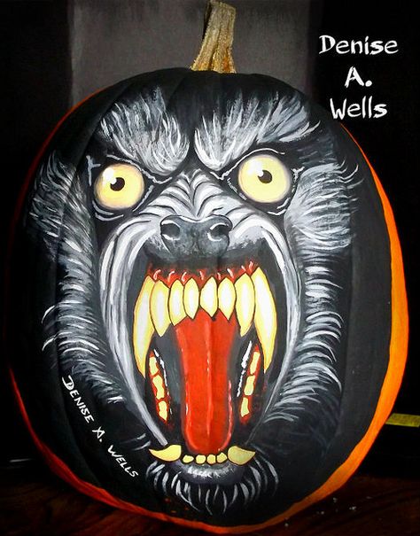 Werewolf Pumpkin Painting, Painted Zombie Pumpkin, Painted Pumpkin Dog Face, Painted Vampire Pumpkin, Zombie Painted Pumpkin, Werewolf Pumpkin, Scary Pumpkin Designs, Pumpkin Board, Zombie Pumpkins