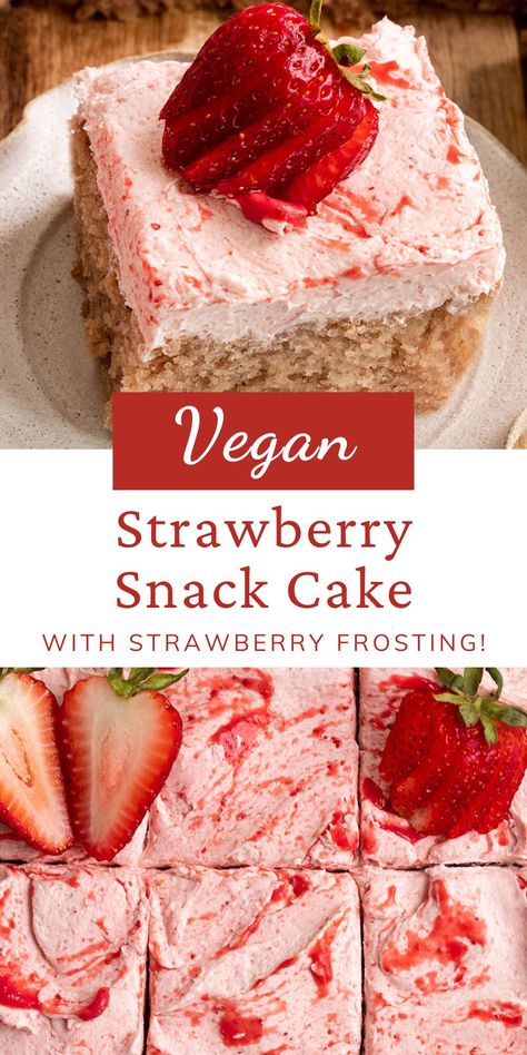 You are going to love this easy Vegan Strawberry Cake with strawberry buttercream frosting! Not only is this cake eggless, moist, dairy-free, & make with fresh reduced strawberries, but it is topped with the best fluffy strawberry frosting. #strawberrycake Dairy Free Strawberry Cake, Vegan Strawberry Frosting, Vegan Strawberry Dessert, Gluten And Dairy Free Strawberry Cake, Strawberry Vegan Cake, Healthy Strawberry Cake, Vegan Strawberry Cupcakes, Vegan Strawberry Pound Cake, Vegan Vanilla Strawberry Cake