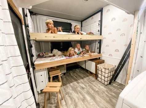 Camper Bunk Bed Ideas, Decorating Rv, Camper Bunk Beds, Rv Bunk Beds, Room With Bunk Beds, Fifth Wheel Living, Rv Interiors, Family Of 7, Rv Interior Remodel