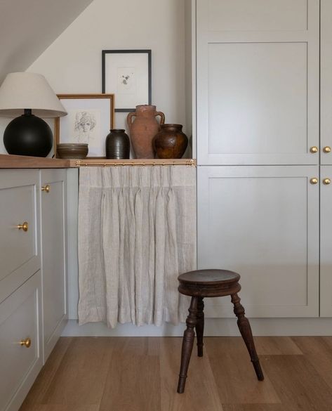 K A T L A W T O N on Instagram: “Skirts in lieu of cabinet doors have been a love affair of mine for at-least over a decade now. 🥰 Cozy corner inspo by Light and Dwell.…” Drawer Inspiration, Closet Drawer, Light And Dwell, Studio Build, European Farmhouse, Cafe Curtains, Custom Cabinetry, Cozy Corner, Interior Design Studio