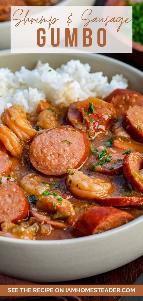 Close-up image of a bowl filled with white rice and shrimp and sausage gumbo garnished with parsley. Gumbo Recipe Easy, Shrimp And Sausage Gumbo, Shrimp And Sausage, Sausage Gumbo, Gumbo Recipe, Shrimp Recipes For Dinner, Louisiana Recipes, Shrimp Recipes Easy, Perfect Dinner