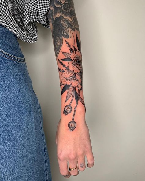 Sleeves On Women Tattoo, Bigger Tattoos For Women, Colorful Flower Sleeve Tattoos For Women, Floral Filler Tattoo, Small Filler Tattoo Ideas, Wild Flower Tattoo, Botanical Tattoo Sleeve, Egypt Tattoo Design, Wrist Tattoo Designs