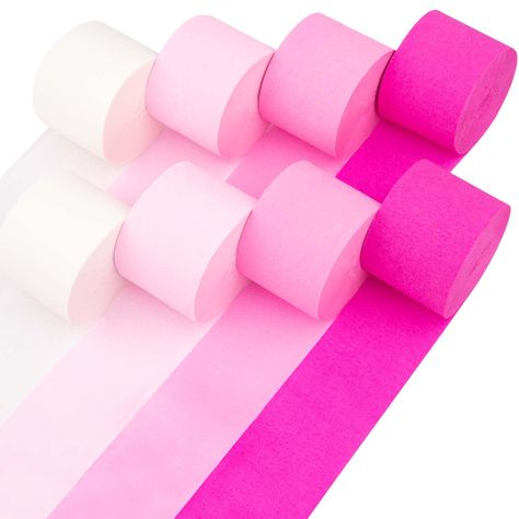 PRICES MAY VARY. Crepe OPTIMUM-QUALITY MATERIAL: Our high-grade crepe paper streamers first coat with sizing and then creped to create fine grains for easy twisting and great stretch to retain their shape when used in art and craft projects VALUE PACK INCLUDES: We offer 8 precisely rolled party streamers in pink, light pink, dark pink, and White colors. Each streamer measures 4.5cm wide and extends to a length of 82 feet, providing ample material for a variety of creative applications. Whether y Pink Streamers Decorations, 4th Barbie Birthday Party, White And Pink Birthday Theme, Diy Barbie Party Decorations, Pink Bachelorette Party Decorations, Pink Streamers, Streamers Party, Senior Banquet, Streamer Party Decorations