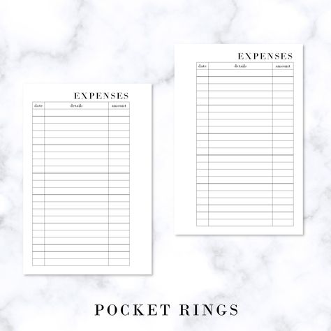 Free planner printable for a pocket rings planner! Minimal expense tracker, perfect for tracking all of your expenses and purchases. Free Pocket Planner Printables, Small Business Expense Tracker Printable, Pocket Rings Planner, Bullet Journal Expenses, Spending Tracker Bullet Journal, Filofax Printables, Pocket Planner Inserts, Free Planner Inserts, Filofax Pocket