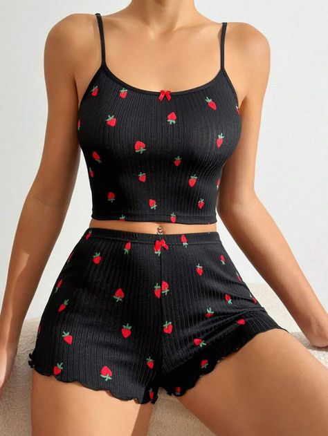 Short Night Dress, Lace Trim Cami Top, Sleepwear Fashion, Cute Sleepwear, Cute Pajama Sets, Pajamas Comfy, Richard Mille, Cute Pajamas, Strawberry Print