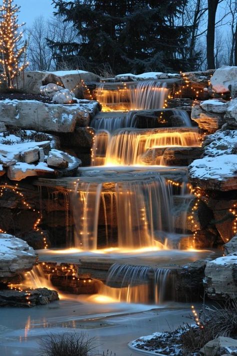 Illuminating Charm: Waterfall Lighting Ideas Revealed Waterfall Lighting, Waterfalls Landscape, Pool Upgrades, Magical Waterfall, Water Feature Lighting, Serene Backyard, Garden Path Lighting, Backyard Waterfalls, Waterfall Lights