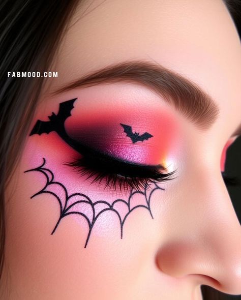 Webbed Bat Halloween Makeup, Halloween Makeup Look, spooky halloween makeup inspirations, Halloween makeup eye makeup Cute Bat Makeup, Bat Makeup Halloween Easy, Cute Halloween Eye Makeup, Bat Eye Makeup, Spooky Halloween Makeup, Bat Makeup, Spiderweb Design, Halloween Makeup Look, Vibrant Makeup