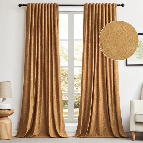 PRICES MAY VARY. PACKAGE CONTENTS: W52xL84inch(132cmx213cm)2 panels velvet blackout curtains , Soft crushed plush velvet fabric drapes ,provide high blackout rate about 70-85% ,allow soft light to pass through. MATERIAL: Curtains&Drapes made of thick and smooth Velvet fabric, vintage classic floral patterns made with special craftsmanship embossed on the surface Coupled with our carefully selected colors make the window drapes more luxurious and decorative.It is soft, comfortable, skin friendly. Gold Velvet Curtains, Boho Drapes, Curtain For Living Room, Drape Panel, Gold Velvet, Velvet Curtains, Window Drapes, Blackout Windows, Draped Fabric