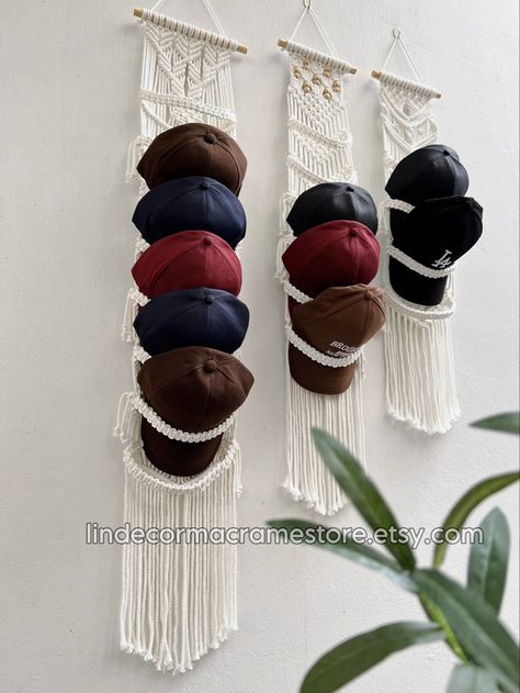 Baseball Hat Storage, Baseball Theme Room, Wall Mounted Hat Rack, Wall Hats, Scarf Organization, Cap Display, Handwoven Tapestry, Hanging Hats, Hat Organization