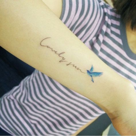 Letters and blue bird @ Instagram Bird Name Tattoo, Fine Line Blue Jay Tattoo, Tiny Blue Bird Tattoo, Simple Blue Bird Tattoo, Blue Bird Tattoos For Women, Bluebirds Tattoo, Blue Bird Tattoos, Blue Bird Tattoo, Blue Jay Tattoo