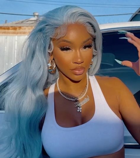 Saweetie Blue Hair, Ice Blue Hair, Hairstyles With Curled Hair, Icy Blue Hair, Sky Blue Hair, Baby Blue Hair, Pastel Blue Hair, Long Weaves, Pressed Natural Hair