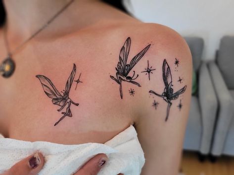 Fairy Tattoo Neck, Fairy Shoulder Tattoo For Women, Fairy Ring Around Knee Tattoo, Celestial Fairy Tattoo, Grunge Fairy Core Tattoos, Curly Hair Fairy Tattoo, Three Fairy Tattoo, Warrior Fairy Tattoo, Fairy Collar Bone Tattoo