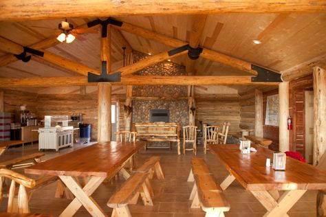 family style dining Summer Camp Mess Hall, Camp Mess Hall, Waving Iron, Camp Lodge, Conversation Seating, Lodge Kitchen, Mess Hall, Large Fireplace, Messy People