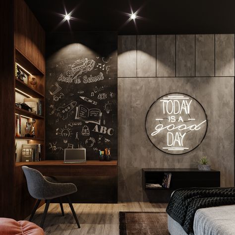 Industrial Teen Boy Bedroom, Industrial Kids Bedroom, Boys Black Bedroom, Black Teen Bedroom, Young Boy Bedroom Design, Young Boy Bedroom Ideas, Teen Bedroom Designs Boy, Boys Bedroom Ideas Teen, Young Man Bedroom Decor