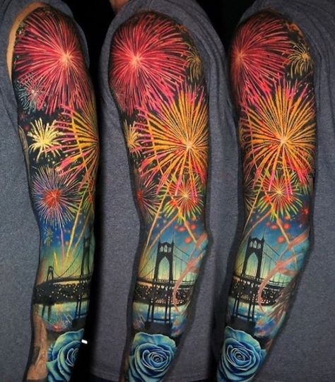 39 Awesome Tattoos that are Just Plain Badass - Ftw Gallery Firework Tattoo Color, Firework Tattoo Ideas, 4th Of July Tattoos, Fireworks Tattoo Ideas, Scenic Tattoo, Firework Tattoo, Water Tattoos, Space Tattoo Sleeve, Michigan Tattoos