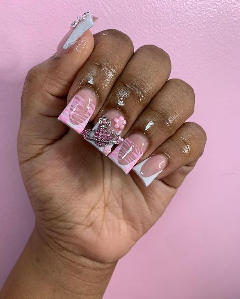 Pink Duck Nails, Short Duck Nails, Nails With Silver, Pink Duck, White And Silver Nails, Duck Nails, White French Tip, Casual Nails, Dope Nail Designs