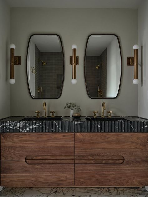 Wood Vanity Bathroom, Yond Interiors, Floating Wood Vanity, Vanity Counter, Black Counters, Wood Bathroom Vanity, Floor Remodel, Black Vanity, Marble Sinks