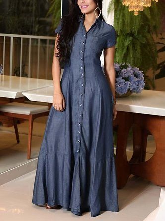 New Long Dress, Denim Style Casual, Long Dress Plus Size, Shirt Collar Styles, Straight Clothes, Denim Maxi Dress, Shirt Casual Style, Denim Chic, Denim Patterns