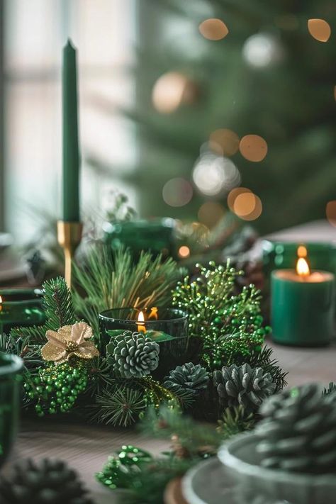 Eco-Friendly Green Christmas Decorations Ideas Emerald And Gold Christmas Decor, Gold And Green Christmas Table, Green And Silver Christmas Decor, Dark Green And Gold Christmas, Emerald Green Christmas Tree Decorations, Green And Gold Christmas Decorations, Forest Green Christmas Decor, Dark Green Christmas Aesthetic, Christmas Aesthetic Green