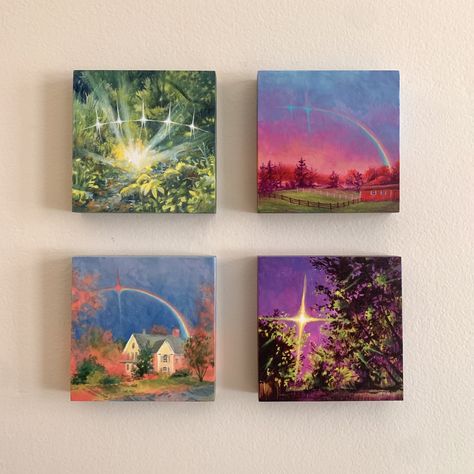 "Star Studded Landscapes - ORIGINAL ACRYLIC  Mini PAINTINGS (5\"x5\" acrylic paintings on cradled wooden panel) ONLY 1 available of each design. Sealed with UV protective semi-gloss finish, works are titled and signed on the back. Buyer will receive certification of authenticity with the work. Shipping is included (US Only). Full titles of each painting (in order of appearance): Five Fairies In The Forest Revisiting Under The Rainbow A Friend In The Rainbow A Moody Evening At The Park" Acrylic Cute Painting, Fairy Garden Art Painting, Mini Paintings Ideas, Fairy Acrylic Painting, Fairycore Canvas Painting, Forest Painting Acrylic, Mini Forest Painting, Acrylic Painting Aesthetic, Fairy Land Painting