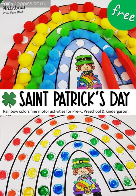 These FREE rainbow activities are a fun way to learn about colors on Saint Patrick's Day. They include a rainbow pom pom mat and dab a dot (bingo dauber) activity. Such a fun way to develop color recognition and fine motor skills! #rainbowactivities #pompommat #finemotor #finemotoractivities #preschool #prek #kindergarten #saintpatricksday Rainbow Fine Motor Activities, Holiday Fine Motor Activities, Torn Paper Art, Activities For Prek, Dot Marker Printables, Homeschooling Activities, Homeschool Fun, Bingo Dauber, Holiday Worksheets