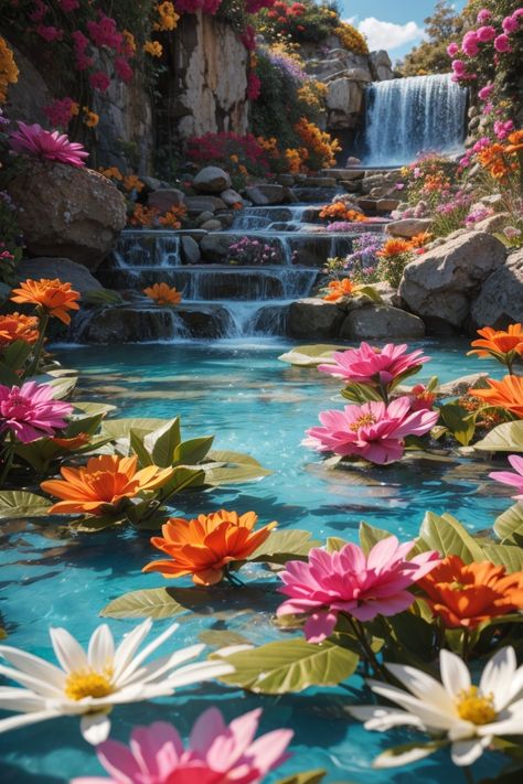 Vibrant flowers in a myriad of colors adorn this beautiful waterfall, adding a burst of vivid beauty to the serene scene, where the sun-kissed water and blooming flora create a breathtaking spectacle of life and light. Waterfall With Flowers, Waterfall Flowers, Graphic Services, Brochure Graphic, Graphic Design Flyer, Marketing Advertising, Logo Project, Vibrant Flowers, Beautiful Waterfalls