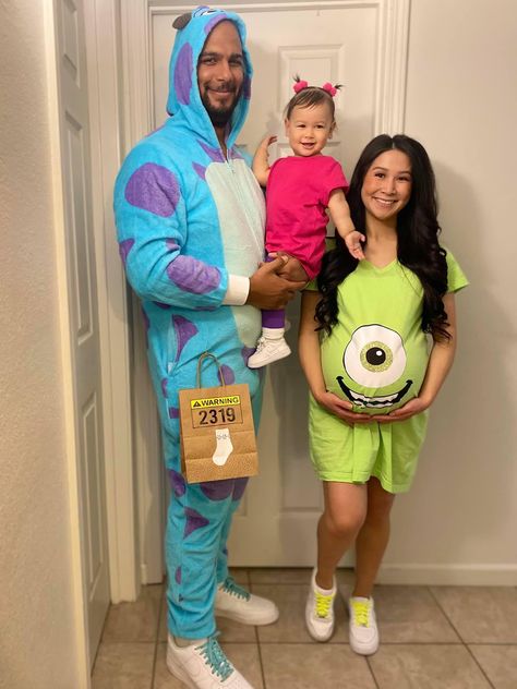 Halloween Costumes Family Of Three Pregnant Mom, Pregnancy Halloween Costumes Family Of 3, Couple And Newborn Halloween Costumes, Monsters Inc Pregnant Costume, Halloween Costume For Pregnant Mom And Toddler, Family Newborn Costumes, Halloween Costume Family Of 3 And Pregnant, Family Halloween Costumes Pregnant And Toddler, Monsters Inc Family Costume Pregnant