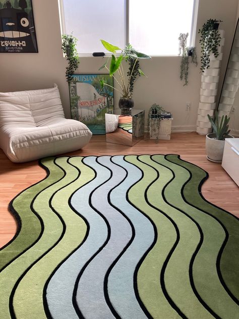 Wavy Rug, Funky Rug, Large Area Rug, Hallway Runner, Maximalist Home Decor, Groovy Rug, Squiggle Rug, Shades of Green, Retro, Unique, Custom - Etsy Cool Rugs Bedroom, Rugs Ideas Living Room, 70s Home Decor Green, Retro Area Rug, Aesthetic Area Rug, Cute Green Bedroom, Cool Rugs Living Room, Groovy Home Decor, Funky Rugs Living Room