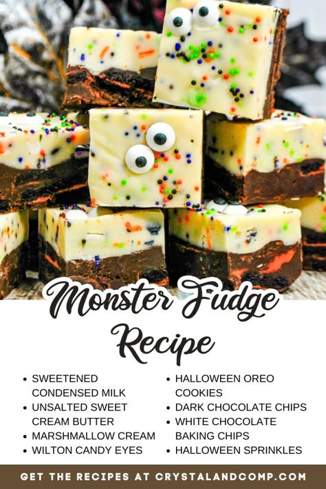 monster fudge recipe ingredient list Fudge Recipes Halloween, Monster Fudge, Halloween Fudge, Recipe Ingredients List, Fudge Dessert, Condensed Milk Cookies, Halloween Oreos, Chocolate Marshmallow, Fudge Recipes Easy