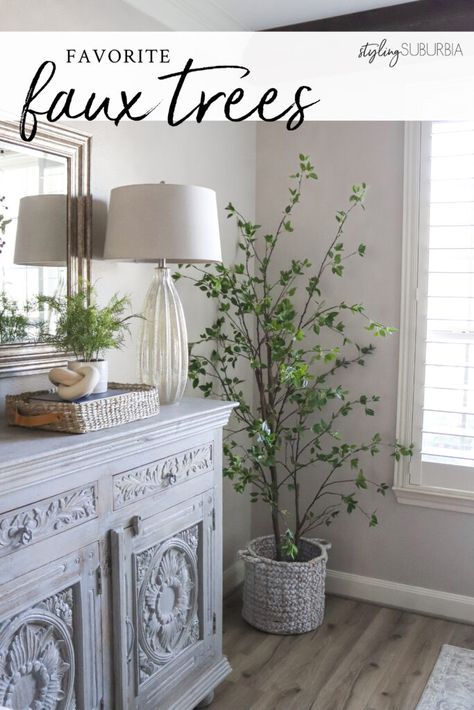 Favorite Faux Trees My curated list of affordable and realistic faux trees and tree baskets! Faux Trees, Forest Room, Tree In Pot, Tree Planters, Fake Trees, Living Room Plants, Bamboo Tree, Faux Tree, Potted Trees