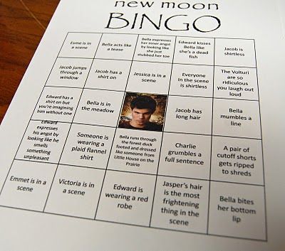 New Moon Drinking Game Twilight, Twilight Game Ideas, Twilight Movie Themed Snacks, Twilight Movie Marathon Ideas, Twilight Themed Party Games, Twilight Bingo, Twilight Marathon Snacks, Twilight Marathon Party Ideas, Twilight Party Games