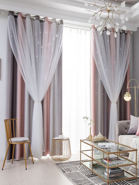 Multicolor    Polyester Colorblock Blackout Curtains Embellished   Home Decor Pink And Grey Curtains, Grey And Pink Living Room, Rose Gold Bedroom, Pink Living Room Decor, Gray Living Room Design, Grey Bedroom Decor, Curtains And Draperies, Gold Living Room, Pink Curtains