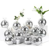 Disco Ball Vases, Simple Party Centerpieces, Disco Ball Centerpiece Ideas, Floral Disco Ball, Disco Ball Vase, Disco Ball Wedding Decor, Outdoor Birthday Decorations, Mini Disco Ball, Disco Ball Planter