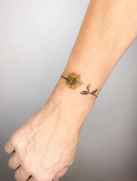 Sunflower Tattoo On Arm For Women, Turtle With Sunflower Tattoo, Wrap Around The Wrist Tattoos, Sun Armband Tattoo, Sunflower Anklet Tattoo, Sunflower Tattoo Unique, Thunderstruck Tattoo, Sunflower Tattoo Design Simple, Sunflower Flash Tattoo