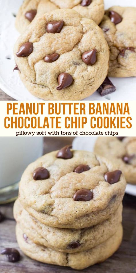 These peanut butter banana chocolate chip cookies are super soft with a delicious hint of banana bread and peanut butter in the flavor. #peanutbutterbanana #chocolatechip #bananacookies from Just So Tasty https://www.justsotasty.com/peanut-butter-banana-chocolate-chip-cookies/ Banana Peanutbutter Cookies, Peanut Butter Banana Chocolate Chip Cookies, Peanut Butter Oatmeal Banana Chocolate Chip Cookies, Peanut Butter And Banana Cookies, Banana Snickerdoodle Cookies, Banana Dessert Ideas, Banana Chocolate Chip Peanut Butter, Cookies Made With Bananas, Banana Cookie Recipes