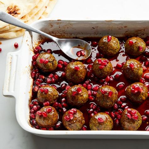 5 Persian Recipes for Weeknight Cooking From Najmieh Batmanglij | Epicurious Pomegranate Meatballs, New Years Day Meal, Pomegranate Sauce, Raw Pistachios, Persian Recipes, Persian Cuisine, Persian Food, Turkey Meatballs, Ground Turkey Recipes