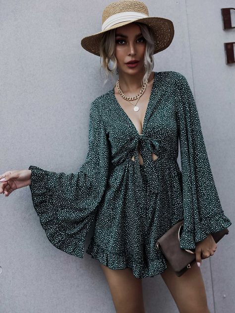 Dark Green Boho, Flowy Romper, Flounce Sleeve, Printed Ties, Sleeveless Jumpsuits, Striped Linen, Dot Print, Rompers Women, Belted Dress