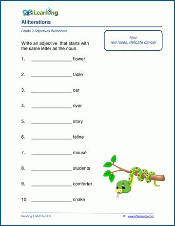 K5 Learning Worksheets, Alliteration Worksheet, Early Science, Adjective Worksheet, English Grammar Rules, Cursive Writing Worksheets, Learning Reading, Comprehension Exercises, First Grade Worksheets