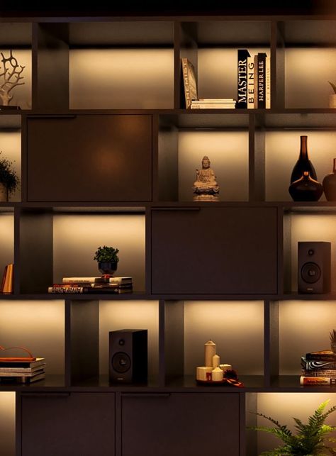 Glass Showcase Cabinet, Wall Units With Fireplace, Luxury Bookcase, Bar Branding, Fancy Office, Large Bookshelves, Built In Shelves Living Room, Dark Modern, Modern Bookshelf