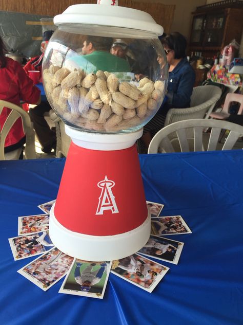 Anaheim Angels baseball theme gum ball machine (hand painted) Angels Baseball Birthday Party Theme, Dodgers Party, Anaheim Angels Baseball, Baseball Theme Birthday Party, Baseball Baby Shower Theme, Baseball First Birthday, Baseball Theme Birthday, Sports Baby Shower Theme, Anaheim Angels