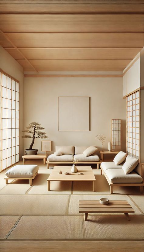 A minimalist Japanese-style living room featuring low wooden furniture, a tatami mat floor, and sliding shoji doors. The room is decorated with minimal elements, including a bonsai tree and a simple vase with a single flower. The color palette is neutral, with shades of white, beige, and natural wood, creating a calm and peaceful atmosphere. Tatami Aesthetic, Japanese Living Room Ideas, Japanese Minimalist Home, Japanese Tatami Room, Tatami Living Room, Japanese Style Living Room, Single Flower Vase, Shoji Doors, Japanese Living Room