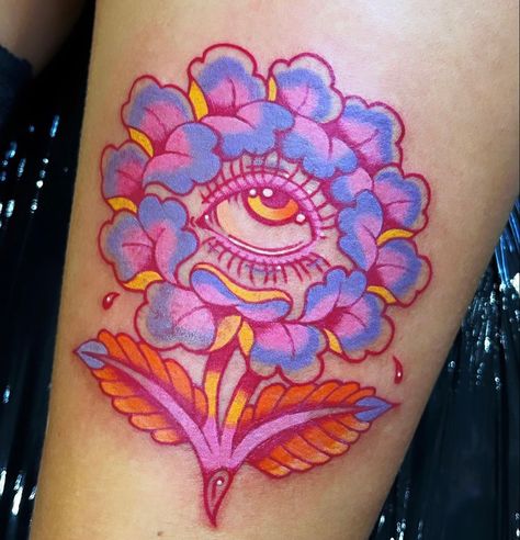 Neon Traditional Tattoo, Neo Traditional Tattoos Flower, Chef Tattoo, Bright Tattoos, Drawing Designs, Funky Tattoos, Tatuaje A Color, Tattoo Portfolio, Traditional Tattoos