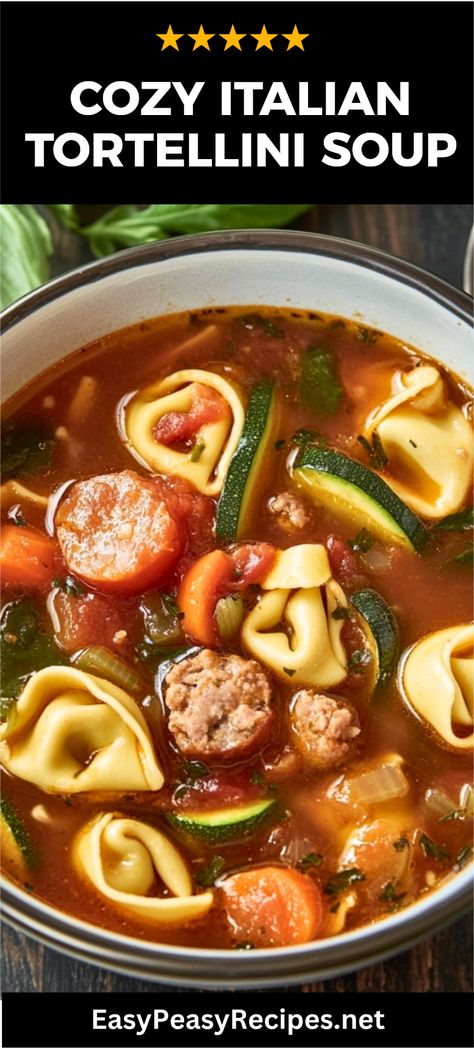 Warm up with this delicious easy Italian soup loaded with tortellini! This recipe combines rich flavors and fresh ingredients including garden vegetables and nourishing broth. Perfect as a weekday dinner or quick lunch, this tortellini soup is satisfying and comes together in under 30 minutes. With each hearty bowl, you'll taste a true Italian delight that's family-friendly and comforting. Perfect for cold nights or any time you're craving something warm and filling. Discover your new favorite soup today! Italian Sausage Tortellini Soup Recipes, Tortellini Recipes Soup, Buitoni Recipes, Easy Italian Soup, Nourishing Broth, Tortellini Soup Recipes, Italian Tortellini Soup, Soup With Tortellini, Sausage And Tortellini Soup