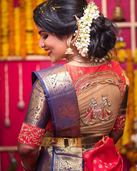 Stunning back shot is a must! 😍 Did you spot the Radha-Krishna that is giving us major #blousegoals ! 📸 @bhargavboppaphotography , Makeup &… Netted Blouse Designs, Keep Me Stylish, Wedding Saree Blouse, Wedding Saree Blouse Designs, Net Blouses, Blouse Back Neck Designs, New Blouse Designs, Wedding Blouse Designs, Sari Blouse Designs